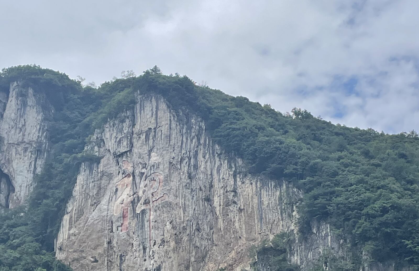 A giant Chan (禅) character carved into a forested cliff face near Liupanshui, China